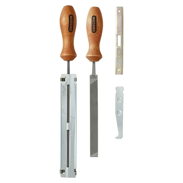 Oregon Kettensägen-Schärfsatz Q 90405 - 4 -tlg. - Produktabbildung eines Oregon-Kettenschärfsets mit Feilen, Führung und Tiefenbegrenzer für präzises Kettensägeschärfen.