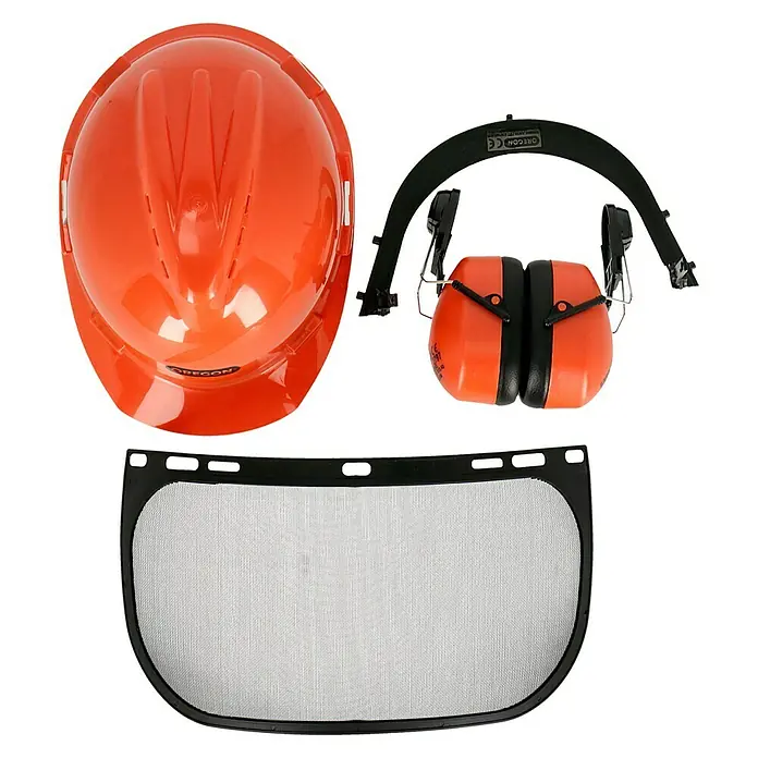 Oregon Schutzhelm - Orange, Verstellbereich: 52 cm - 62 cm - Orangefarbener Oregon-Schutzhelm mit Gesichtsschutz und Ohrenschützern für erhöhte Sicherheit bei der Arbeit.