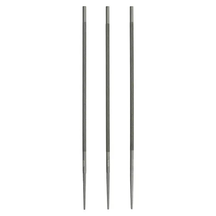 Oregon Rundfeilen Q70512 - 3 Stk., Durchmesser: 4,5 mm - Drei Oregon-Rundfeilen für Kettensägen. Die Feilen sind silberfarben und haben einen Griff, der sich verjüngt.