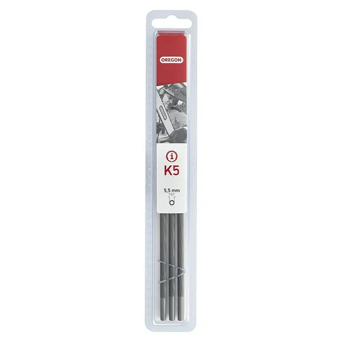 Oregon Juego de limas K5 - 3 ud., Diámetro: 5,5 mm - Juego de limas Oregon K5 en un paquete transparente. El conjunto incluye 3 limas para afilar motosierras. Práctico para cada leñador.