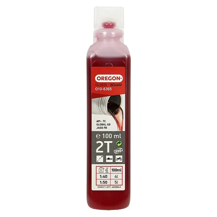 Oregon Zweitaktöl - 100 ml - Abbildung einer Flasche Oregon 2T-Öl mit einem Fassungsvermögen von 100 ml, ideal für den Einsatz in Motorsägen und anderen Zweitaktmotoren.