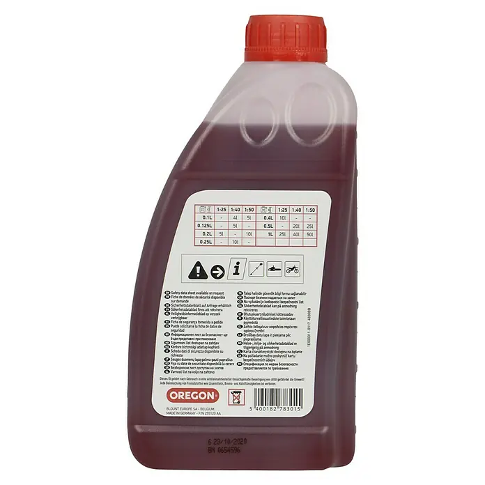 Oregon Zweitaktöl - 1 l - Abgebildete Ölflasche der Marke Oregon. Wichtiges Öl für Kettensägen, um die Umwelt zu schonen. Sorgfältige Entsorgung nach Gebrauch!