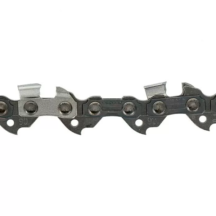 Oregon Sägekette Micro-Lite - Schnittlänge: 35 cm, Anzahl Treibglieder: 52 Stk., Nutbreite: 1,1 mm - Nahaufnahme einer metallischen Kettensägenkette mit scharfen Schneidezähnen und Antriebsgliedern. „OREGON“ und „90“ sind sichtbar.