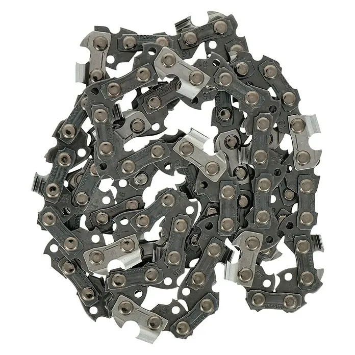 Oregon Sägekette Q91VG-50E - Schnittlänge: 35 cm, Nutbreite: 1,3 mm - Nahaufnahme einer Kettensägenkette, die die Details und die komplexe Konstruktion des Werkzeugs hervorhebt.