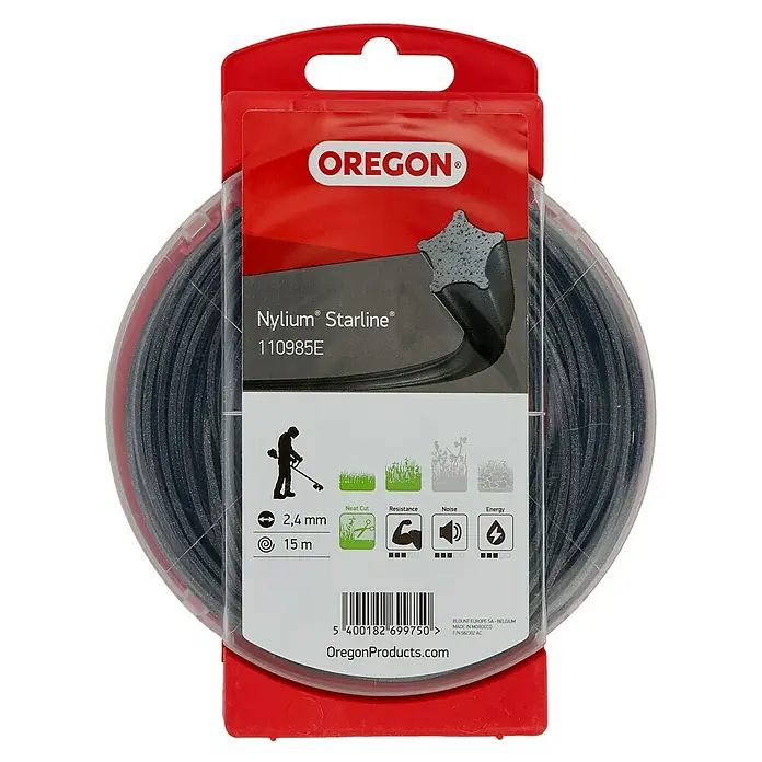 Oregon Nylonfaden Starline - Fadenlänge: 15 m, Fadenstärke: 2,4 mm - Oregon Nylium Starlinie 110985E Trimmerfaden mit 2,4mm Durchmesser und 15m Länge. Geeignet für saubere Schnitte mit hoher Widerstandsfähigkeit.
