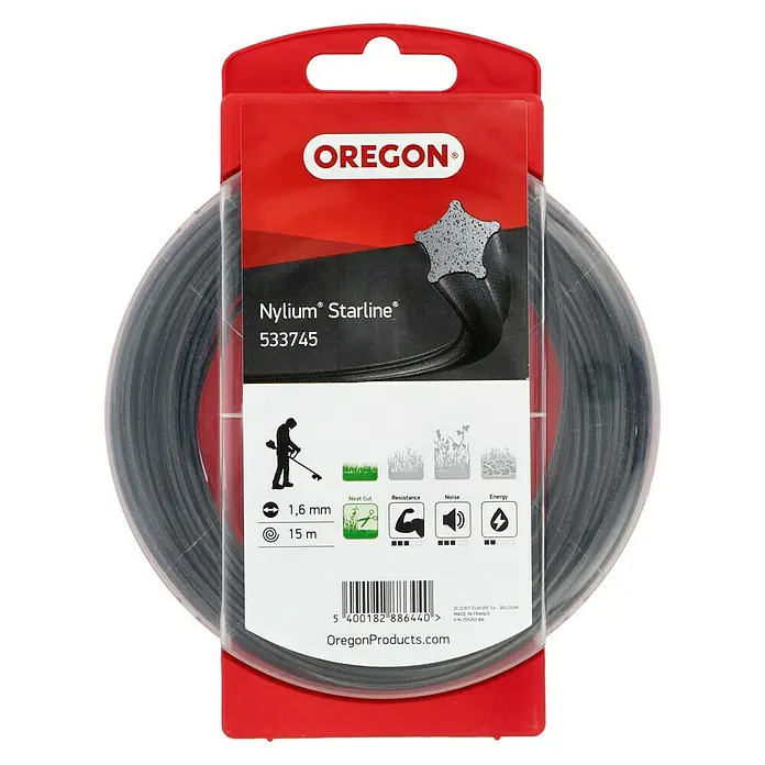 Oregon Nylonfaden Starline - Fadenlänge: 15 m, Fadenstärke: 1,6 mm - Oregon Nylium Starlime 533745 Fadenspule für Rasentrimmer, 1,6 mm Durchmesser und 15 m Länge für saubere Schnitte und hohe Widerstandskraft.