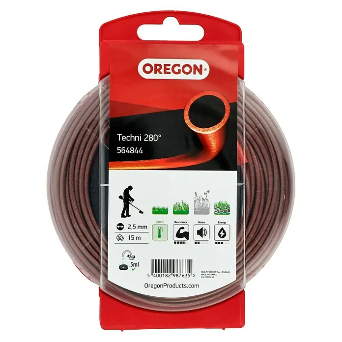 Oregon Nylonfaden Techni - Fadenlänge: 15 m, Fadenstärke: 2,5 mm - Oregon Techni 280° Trimmerfaden, 2,5 mm Durchmesser, 15 m Länge, für effizientes und sauberes Trimmen von Rasenflächen und Gärten.