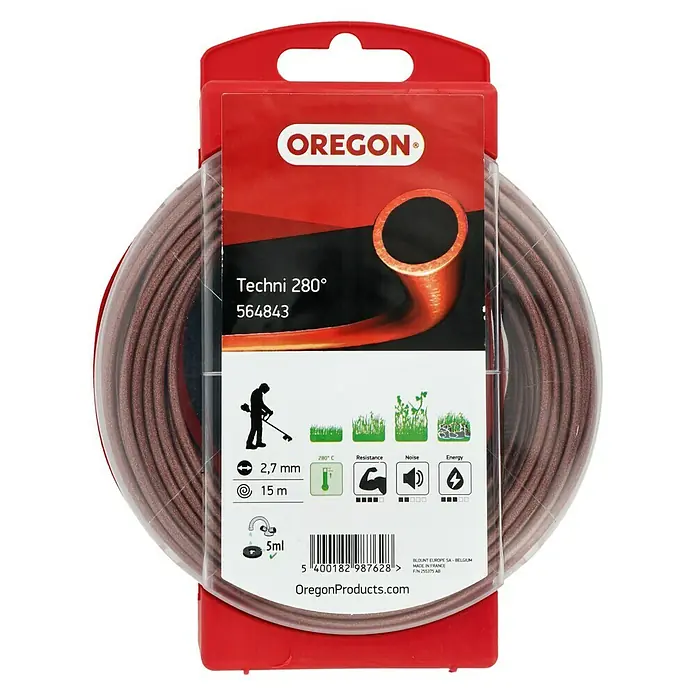 Oregon Nylonfaden Techni - Fadenlänge: 15 m, Fadenstärke: 2,7 mm - Nahaufnahme von Oregon Techni 280° Trimmerfaden mit 2,7mm Durchmesser und 15m Länge in roter Verpackung.