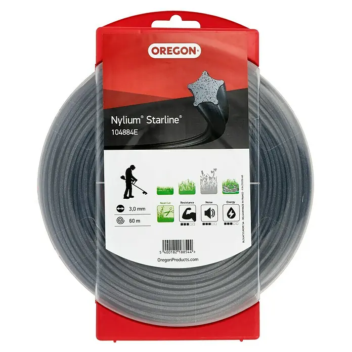 Oregon Nylonfaden Starline - Fadenlänge: 60 m, Fadenstärke: 3 mm - Abbildung einer Oregon Nylium Starline Trimmerschnur mit 3,0 mm Durchmesser und 60 m Länge für saubere Schnitte und hohe Energieeffizienz.