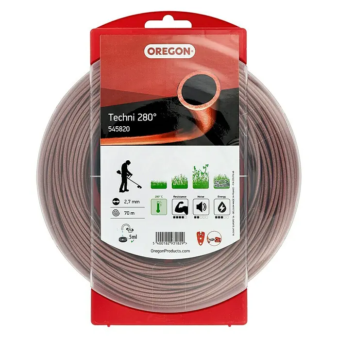 Oregon Nylonfaden Techni - Fadenlänge: 70 m, Fadenstärke: 2,7 mm - Abbildung eines Oregon Techni 280° Trimmerfaden, ideal für leistungsstarkes und präzises Trimmen mit hoher Hitzebeständigkeit und langer Lebensdauer.