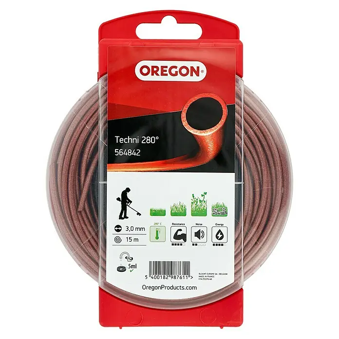 Oregon Nylonfaden Techni - Fadenlänge: 15 m, Fadenstärke: 3 mm - Oregon Techni 280° Trimmerfaden in roter Farbe, ideal für effizientes und präzises Trimmen.
