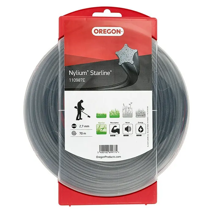 Oregon Nylonfaden Starline - Fadenlänge: 70 m, Fadenstärke: 2,7 mm - Oregon Nylium Starline 110987E Fadenspule für Rasentrimmer, 2,7 mm Durchmesser und 70 m Länge für einen präzisen und effizienten Grasschnitt.