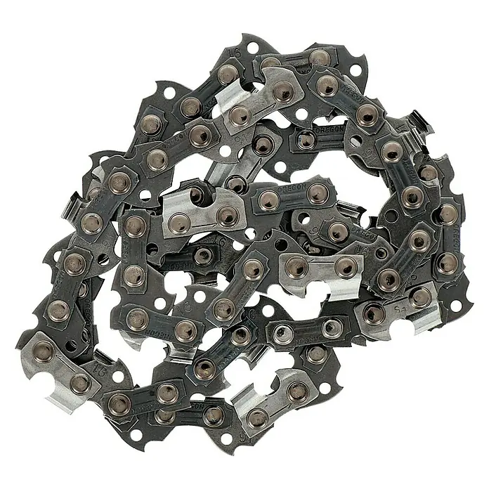 Oregon Sägekette - Schnittlänge: 25 cm, Anzahl Treibglieder: 40 Stk., Nutbreite: 1,3 mm - Nahaufnahme einer Oregon-Kettensägenkette, die für ihre robuste Konstruktion und hohe Schnittleistung bekannt ist. Ideal für Profis und Heimwerker.