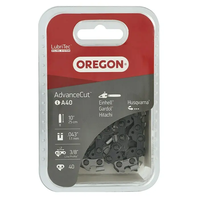 Oregon Sägekette - Schnittlänge: 25 cm, Nutbreite: 1,1 mm, Passend für: Gardol Akku-Kettensäge GAK-E 20 Li - Nahaufnahme einer Oregon A40 AdvanceCut™ Sägekette, 25 cm lang, geeignet für Einhell, Gardol und Husqvarna Kettensägen.