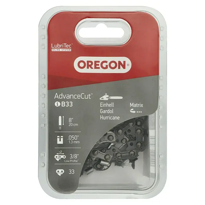 Oregon Sägekette - Anzahl Treibglieder: 33 Stk. - Verpackte Oregon AdvanceCut B33 Sägekette mit LubriTec™ Ölsystem für Einhell, Gardol und Hurricane Kettensägen, 20 cm Länge und 1,3 mm Treibgliedstärke.
