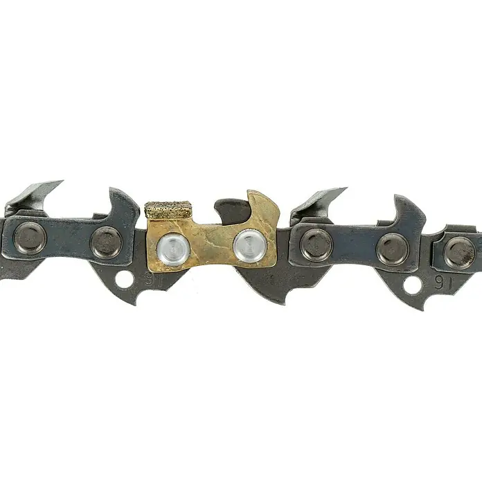 Oregon Sägekette Powersharp - Passend für: Oregon Elektro-Kettensäge Powersharp CS1500 - Nahaufnahme einer Kettensägekette, die scharfe Schneidezähne und robuste Verbindungen für effizientes Schneiden zeigt.
