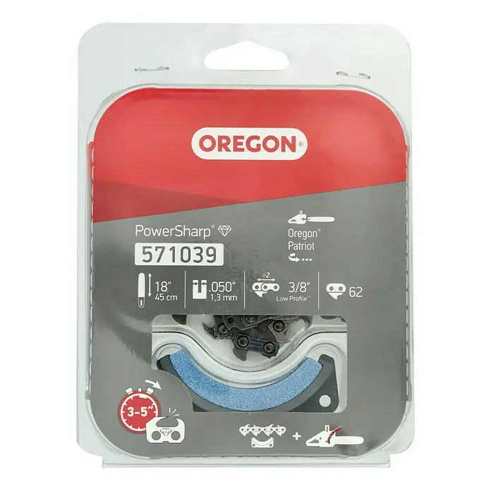 Oregon Sägekette Powersharp - Passend für: Oregon Elektro-Kettensäge Powersharp CS1500 - Verpackung einer Oregon PowerSharp 571039 Kettensägekette, 45 cm, 0,050 Zoll, 3/8 Zoll, 62 Glieder, inklusive Schärfvorrichtung.