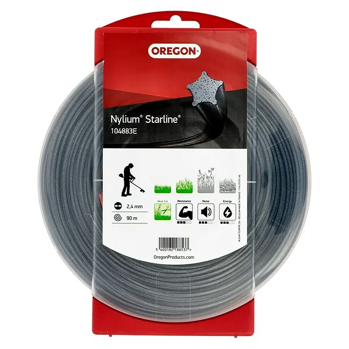 Oregon Nylonfaden Starline - Fadenlänge: 90 m, Fadenstärke: 2,4 mm - Das Oregon Nylium Starline 104883E Trimmerseil bietet eine hohe Leistung und Widerstandsfähigkeit für effizientes und sauberes Trimmen.