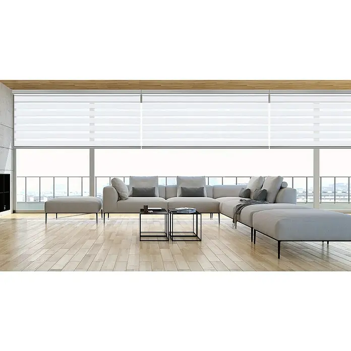 Estor noche y día Platinum - An x Al: 80 x 250 cm, Blanco - Un salón moderno con grandes ventanales y persianas enrollables. La habitación presenta un sofá gris y suelo de madera.