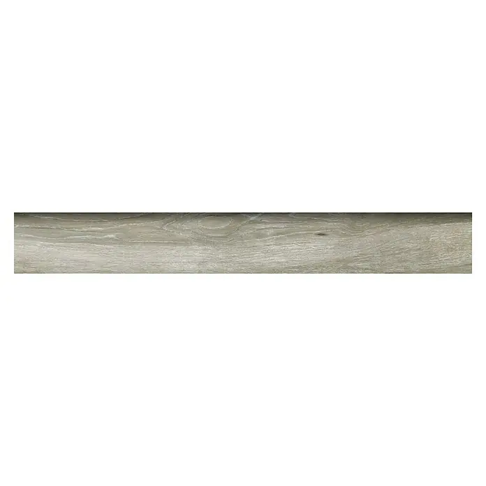 Zócalo cerámico Atelier - 7,2 mm x 60 cm, Gris, Mate, 18 ud. - Primer plano de una baldosa de gres porcelánico imitación madera gris claro con vetas naturales, ideal para suelos y paredes.