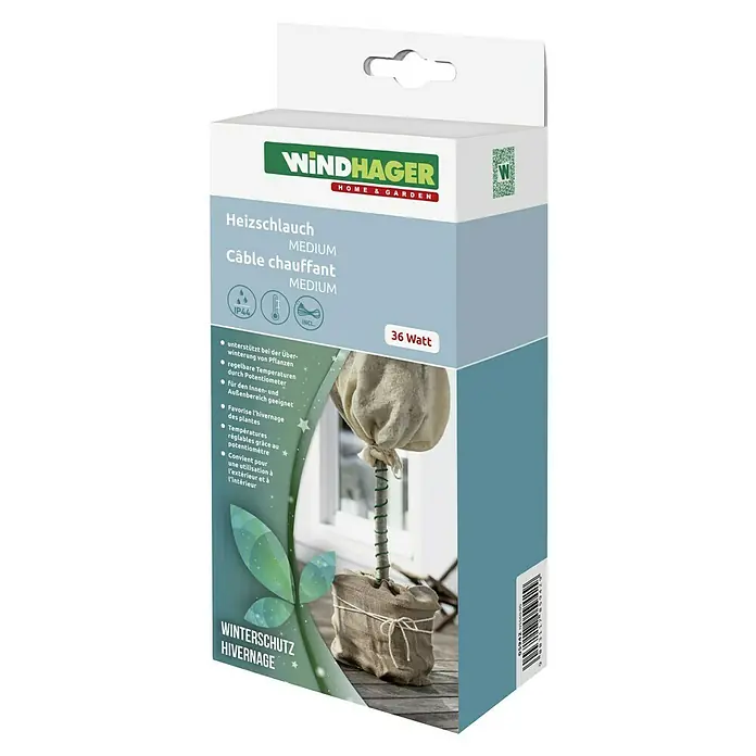 Windhager Winterschutz Heizschlauch - 6 m - Produktverpackung für Windhager Heizschlauch Medium: Frostschutz für Pflanzen im Innen- und Außenbereich, regulierbare Temperatur, 36 Watt Leistung.