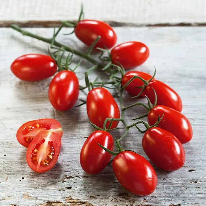 Cocktailtomate / Pflaumen-Cherrytomate Bio veredelt - Lycopersicon esculentum, 12 cm, Erntezeit: Juli - Frische, rote Cherrytomaten auf einem Zweig, liegen auf einer rustikalen Holzoberfläche.