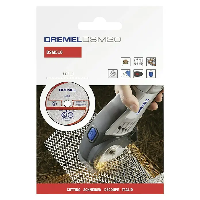 Dremel Trennscheibe DSM 510 - Durchmesser Scheibe: 77 mm, Geeignet für: Metall, Schnitttiefe: 20 mm, 3 Stk. - Verpackung der Dremel DSM20 Trennscheibe DSM510 mit 77 mm Durchmesser. Das Werkzeug schneidet ein Metallgitter, Funken sprühen.