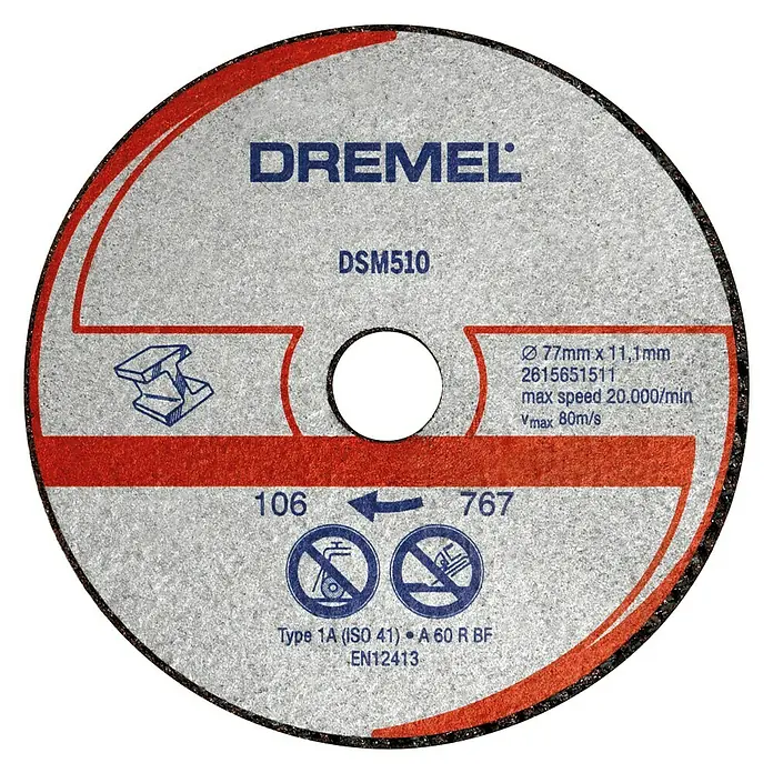 Dremel Trennscheibe DSM 510 - Durchmesser Scheibe: 77 mm, Geeignet für: Metall, Schnitttiefe: 20 mm, 3 Stk. - Aufnahme einer Dremel DSM510 Trennscheibe mit technischen Daten, Warnhinweisen und Herstellerinformationen.