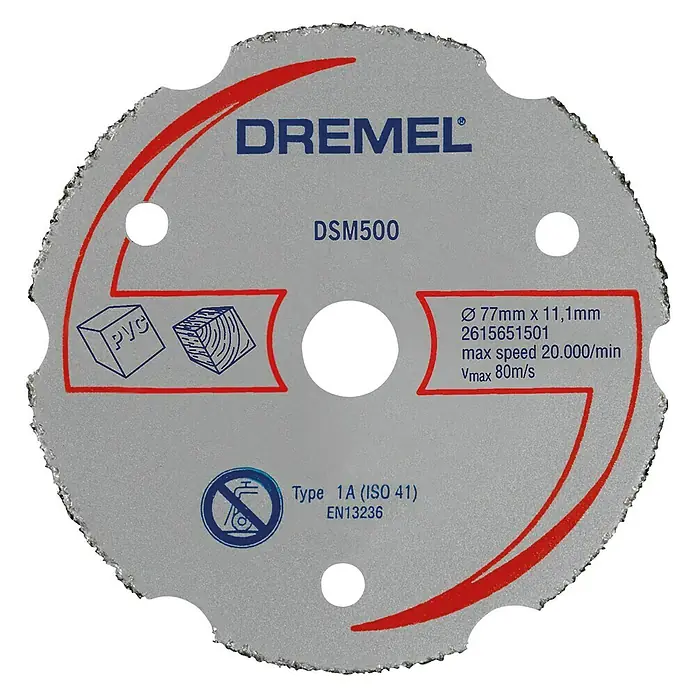 Dremel Disco de corte de carburo DSM 500 - Diámetro disco: 77 mm, Apto para: Madera, Profundidad de corte: 20 mm, 1 ud. - Disco de corte Dremel DSM500, ideal para cortar PVC y madera. Diámetro: 77 mm, velocidad máxima: 20.000 rpm.