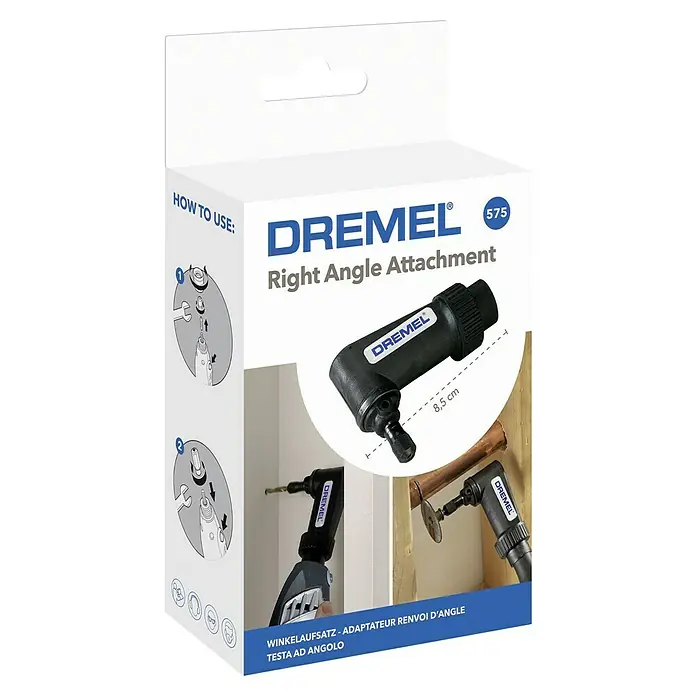 Dremel Winkeladapter 575 - Passend für: Dremel Multifunktionsgeräte - Produktverpackung für einen Dremel 575 Winkelaufsatz, ein Werkzeugzubehör für präzises Arbeiten an schwer zugänglichen Stellen.