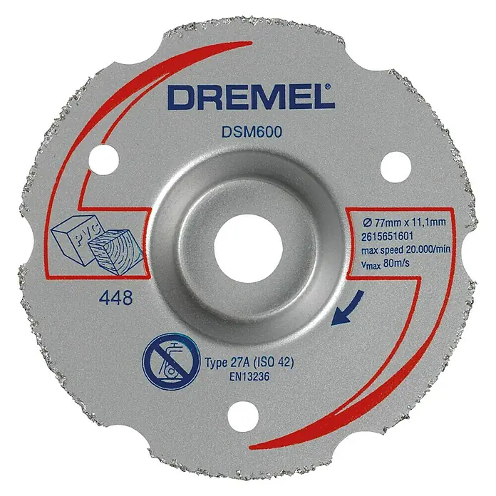 Dremel Karbid-Trennscheibe DSM 600 - Durchmesser Scheibe: 77 mm, Schnitttiefe: 20 mm - Nahaufnahme einer Dremel DSM600 Trennscheibe, ideal für präzise Schnitte in verschiedenen Materialien.