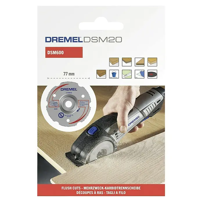 Dremel Karbid-Trennscheibe DSM 600Durchmesser Scheibe: 77 mm, Schnitttiefe: 20 mm - DREMEL DSM20 mit DSM600 Trennscheibe, geeignet für bündige Schnitte in verschiedenen Materialien. Das Set beinhaltet eine Mehrzweck-Karbidtrennscheibe.