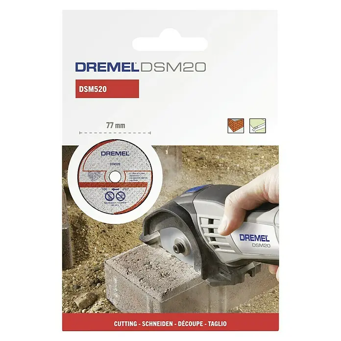 Dremel Mauerwerk-Trennscheibe DSM 520 - 77 mm, Geeignet für: Mauerwerk, Schnitttiefe: 20 mm, 2 Stk. - Nahaufnahme des Dremel DSM20 Trennscheiben-Sets, ideal zum Schneiden von Mauerwerk und Fliesen, mit einem Durchmesser von 77 mm.
