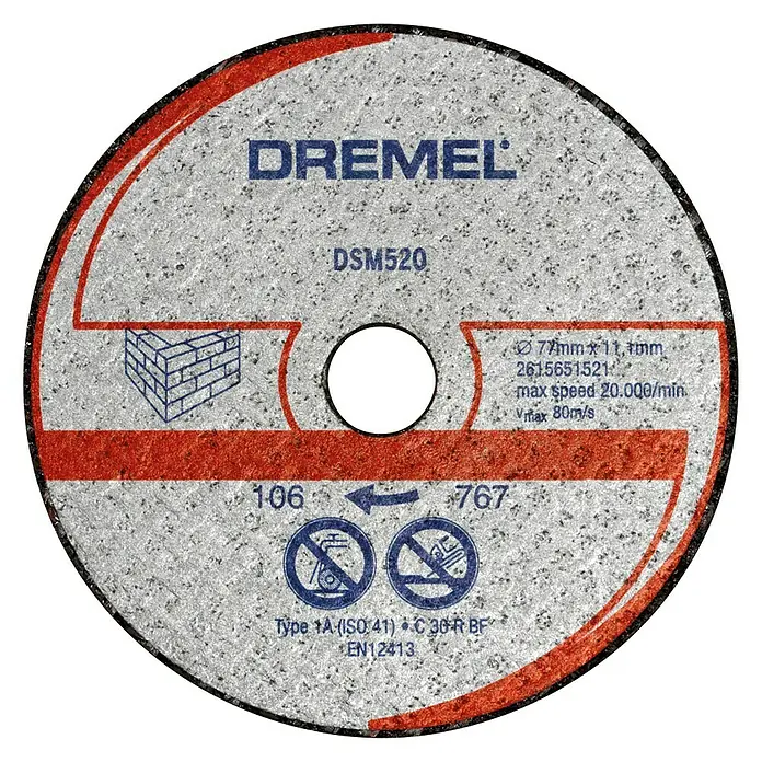Dremel Mauerwerk-Trennscheibe DSM 520 - 77 mm, Geeignet für: Mauerwerk, Schnitttiefe: 20 mm, 2 Stk. - Dremel DSM520 Trennscheibe mit einer maximalen Drehzahl von 20.000 U/min und einer Größe von 77 mm x 1,1 mm für präzise Schnitte.