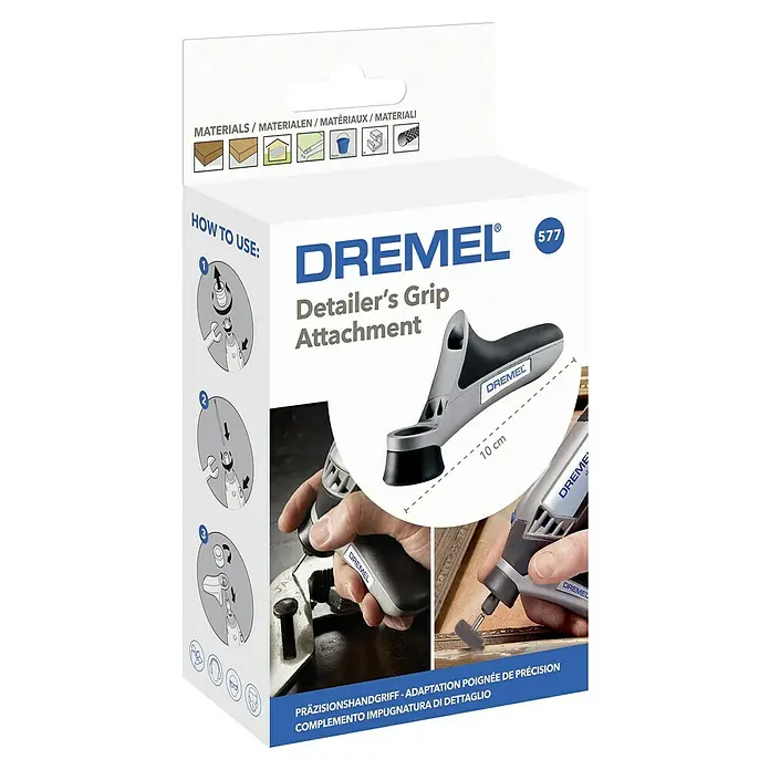 Dremel Präzisionshandgriff Mod. 577 - Passend für: Dremel Multifunktionsgeräte - Verpackung der Dremel 577 Detailer's Grip, einem Aufsatz für verbesserte Präzision und Kontrolle bei Detailarbeiten.