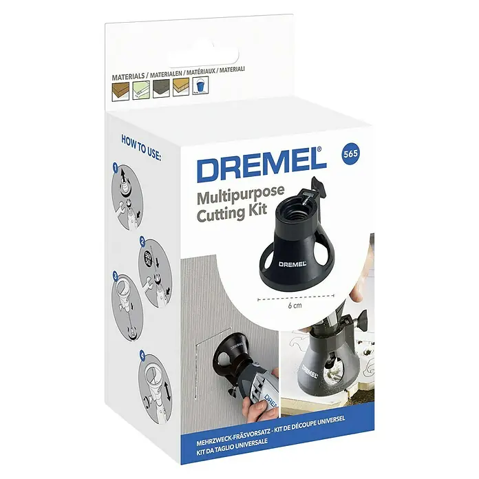 Dremel Mehrzweck-Fräsvorsatz Mod. 565 - 4 -tlg., Arbeitstiefe: 19 mm - Bild des Dremel 565 Mehrzweck-Fräsvorsatz-Kits in der Verpackung, ideal zum Schneiden verschiedener Materialien.