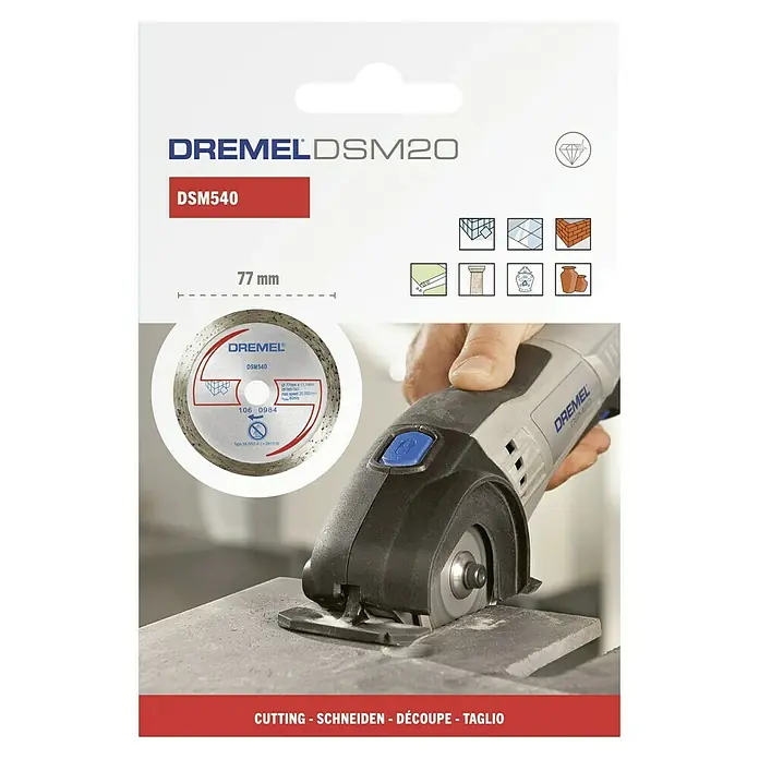 Dremel Diamant-Trennscheibe DSM 540 - Durchmesser Scheibe: 77 mm, Geeignet für: Keramikfliesen, Schnitttiefe: 20 mm - Das Dremel DSM20 Trennrad DSM540, ein unverzichtbares Werkzeug zum Schneiden von Fliesen, Stein und anderen harten Materialien. Ideal für präzise Schnitte!