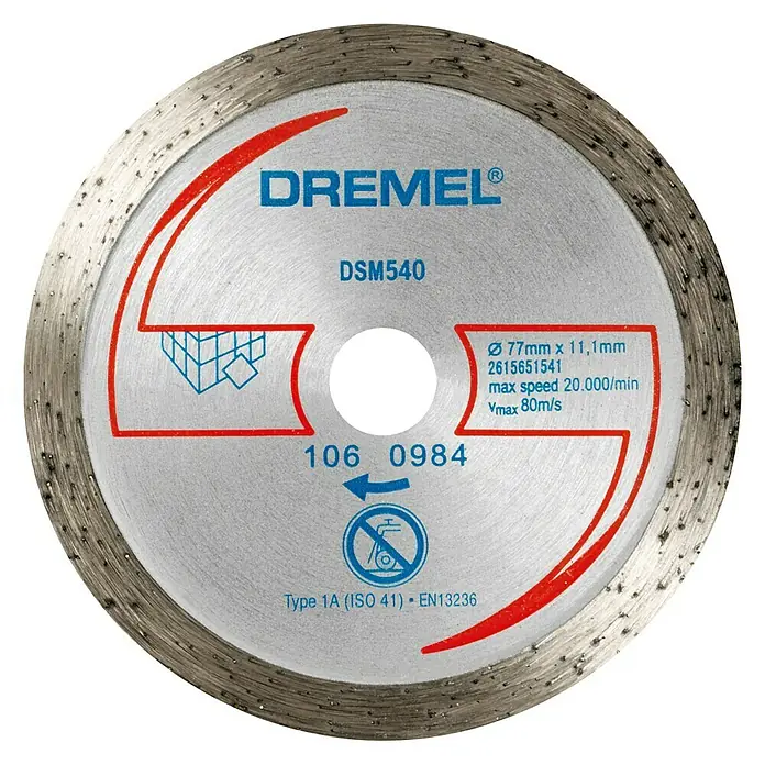 Dremel Diamant-Trennscheibe DSM 540 - Durchmesser Scheibe: 77 mm, Geeignet für: Keramikfliesen, Schnitttiefe: 20 mm - Nahaufnahme einer Dremel DSM540 Trennscheibe, ideal zum Schneiden verschiedener Materialien mit einem Dremel-Werkzeug.