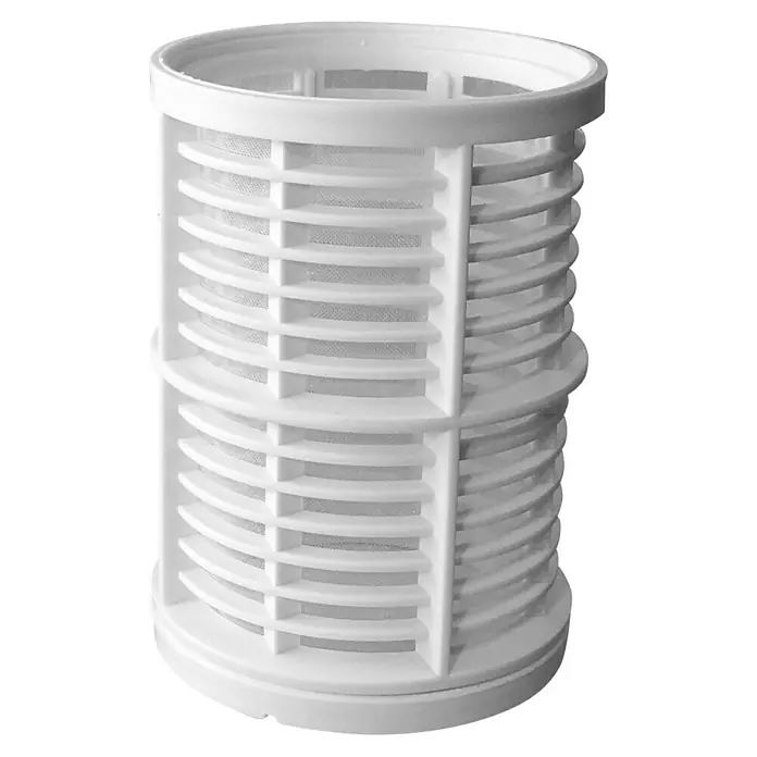 Neptun Ersatzkartusche - Passend für: Neptun Gartenpumpen-Vorfilter - Nahaufnahme eines weißen Siebkorbs, der in verschiedenen Anwendungen zur Filtration verwendet wird. Seine zylindrische Form optimiert die Filtereffizienz.