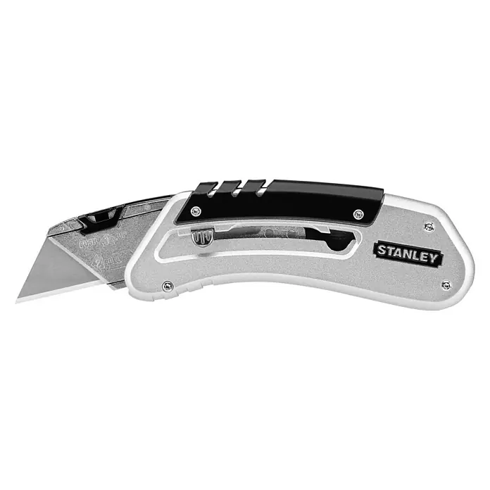 Stanley Taschenmesser Quickslide - 8,7 cm, Silber/Schwarz - Nahaufnahme eines Stanley-Messer. Das silberne Gehäuse und die schwarze Abdeckung bieten einen sicheren Halt und Komfort beim Schneiden.