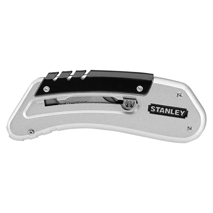Stanley Taschenmesser Quickslide - 8,7 cm, Silber/Schwarz - Nahaufnahme des silbernen Stanley Messers mit schwarzem Griffteil und der Aufschrift "STANLEY".