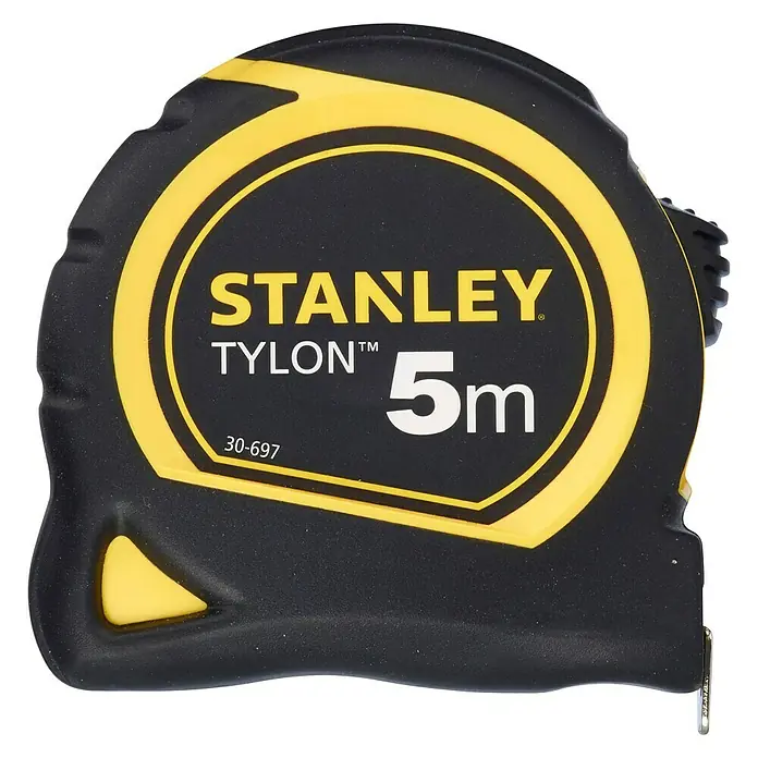 Stanley Kapselbandmaß - 5 m - Abbildung eines schwarzen und gelben Stanley Tylon 5m Maßbandes.