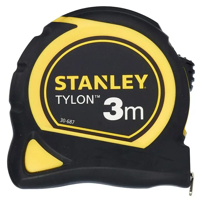 Stanley Kapselbandmaß Tylon - 3 m - Ein Stanley Tylon 3m Maßband mit schwarzem Gehäuse und gelben Akzenten. Praktisches Werkzeug für genaue Messungen.
