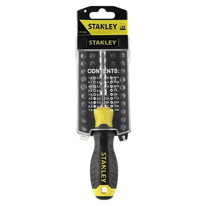 Stanley Destornillador de punta intercambiable STHT0-70885 - 34 pzs. - Juego de destornilladores Stanley de 34 piezas en una práctica caja de almacenamiento, perfecto para diversas tareas de atornillado.
