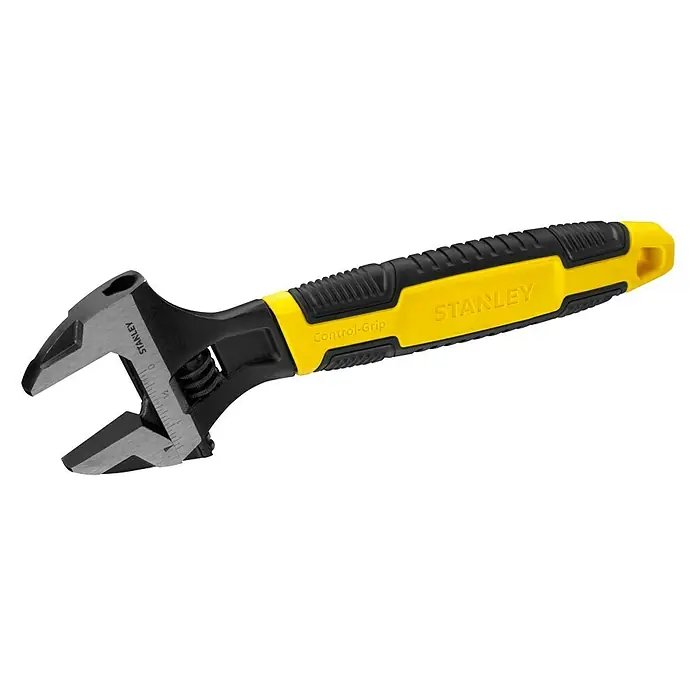 Stanley MaxSteel Rollgabelschlüssel - Länge: 250 mm - Nahaufnahme eines verstellbaren Schraubenschlüssels von Stanley mit gelb-schwarzem Griff und Kontrollgriff-Design auf schwarzem Hintergrund.