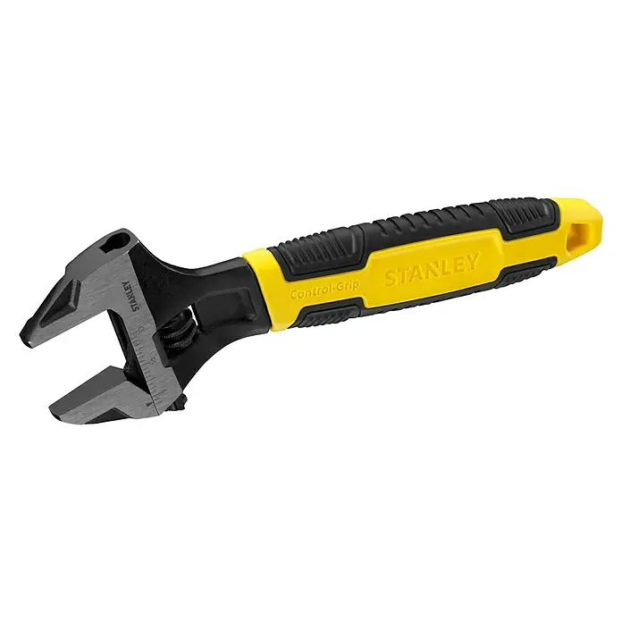 Stanley MaxSteel Rollgabelschlüssel - Länge: 200 mm - Nahaufnahme eines verstellbaren Stanley-Schraubenschlüssels mit schwarzem und gelbem Griff. Präzisionswerkzeug für vielfältige Anwendungen.