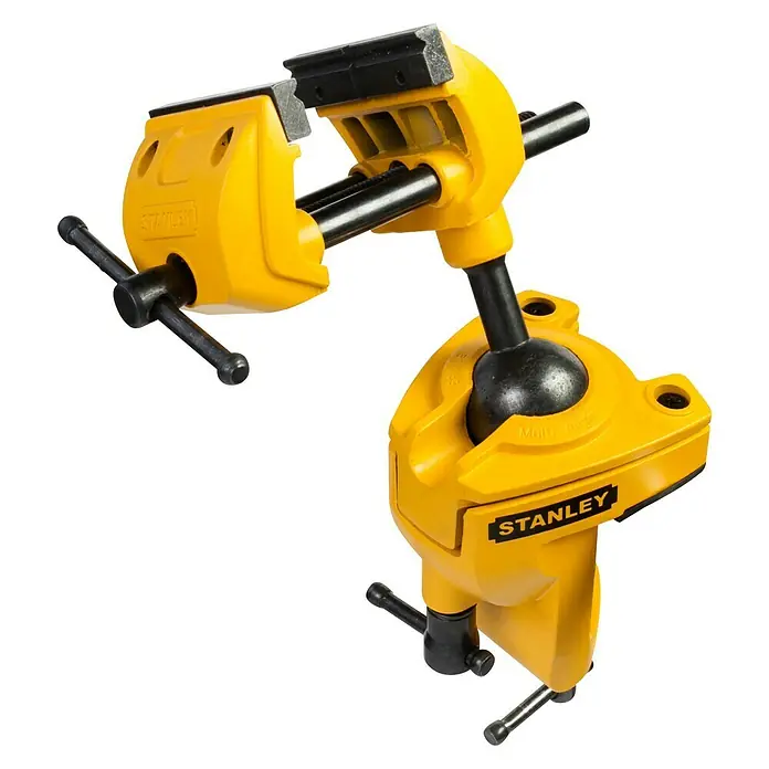Stanley Schraubstock MaxSteel - Backenbreite: 70 mm - Stanley Multi-Winkel Schraubstock, ein gelbes Werkzeug mit verstellbaren Armen und Klemmen für präzises Arbeiten in verschiedenen Winkeln.