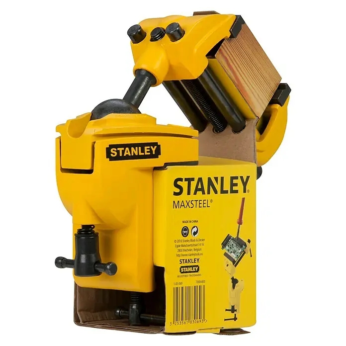Stanley Tornillo de banco - Anchura de mordaza: 70 mm - La imagen muestra un tornillo de banco amarillo Stanley Maxsteel, presentado en su embalaje.