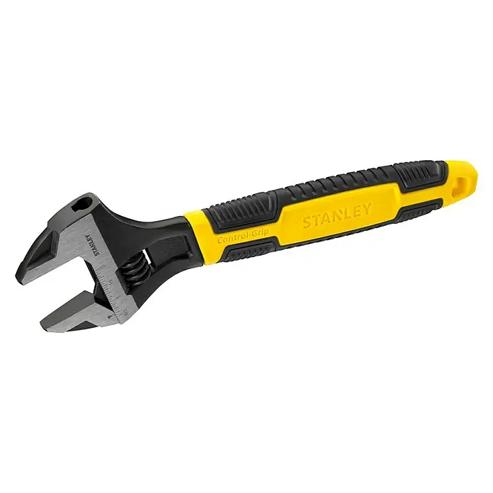 Stanley Rollgabelschlüssel MAXSTEEL™ - Schlüsselweite: 39 mm - Nahaufnahme eines verstellbaren Schraubenschlüssels von Stanley mit gelbem Griff.