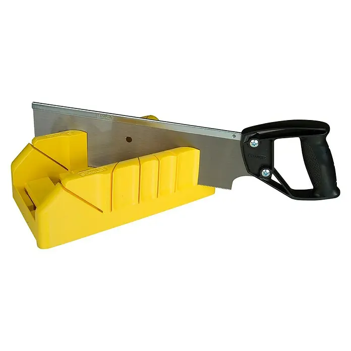 Stanley Gehrungsschneidladen-Set - Blattlänge: 355 mm, 350 x 143 x 95 mm - Gehrungssäge von Stanley mit einer gelben Gehrungslade und einem schwarzen Griff, ideal für präzise Schnitte in Holz und anderen Materialien.